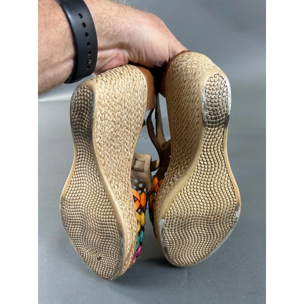 Elly Moda Casual Mexican Huarache Wedge Sandals Multi-Color Leather Womens Sz 3